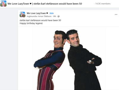 Click image for larger version

Name:	We Love LazyTown stefán karl stefánsson would have been 50 yesterday Facebook.png
Views:	18
Size:	201,6 KB
ID:	208662